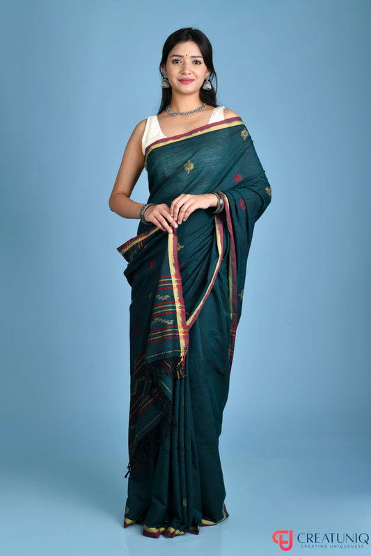 Red Border Handloom Pure Cotton Saree with Zigzag Motif – Green