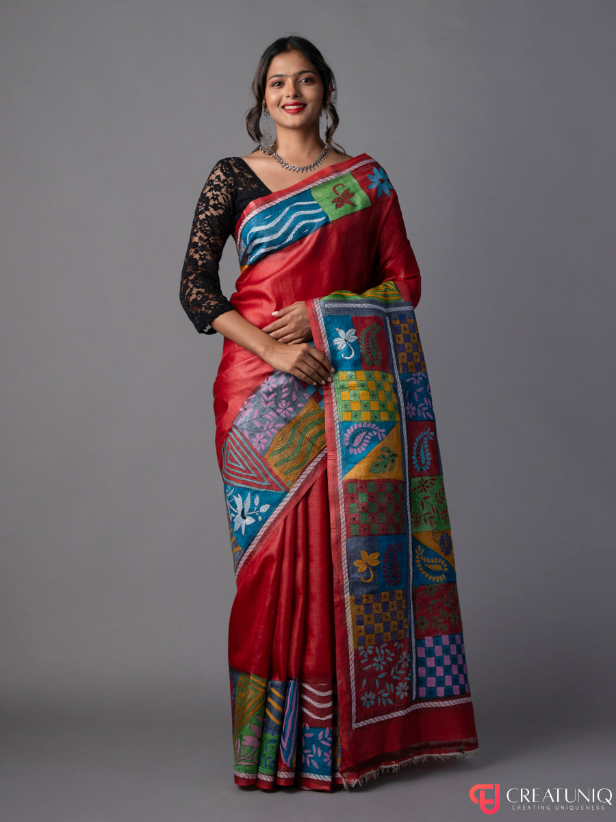 Red Kantha Pure Silk Saree with Block Motifs