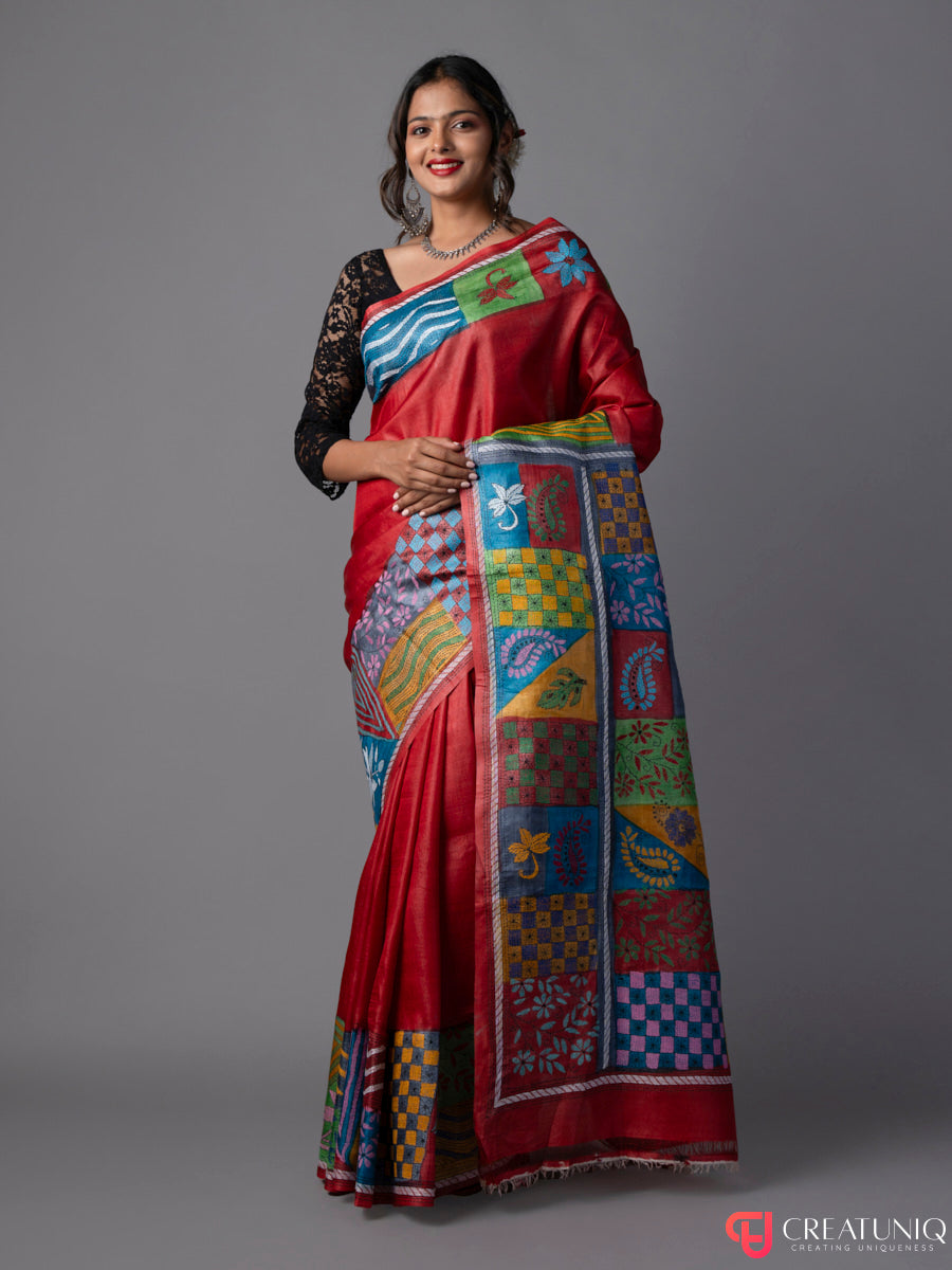 Red Kantha Pure Silk Saree with Block Motifs