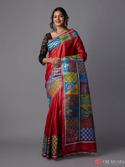 Red Kantha Pure Silk Saree with Block Motifs