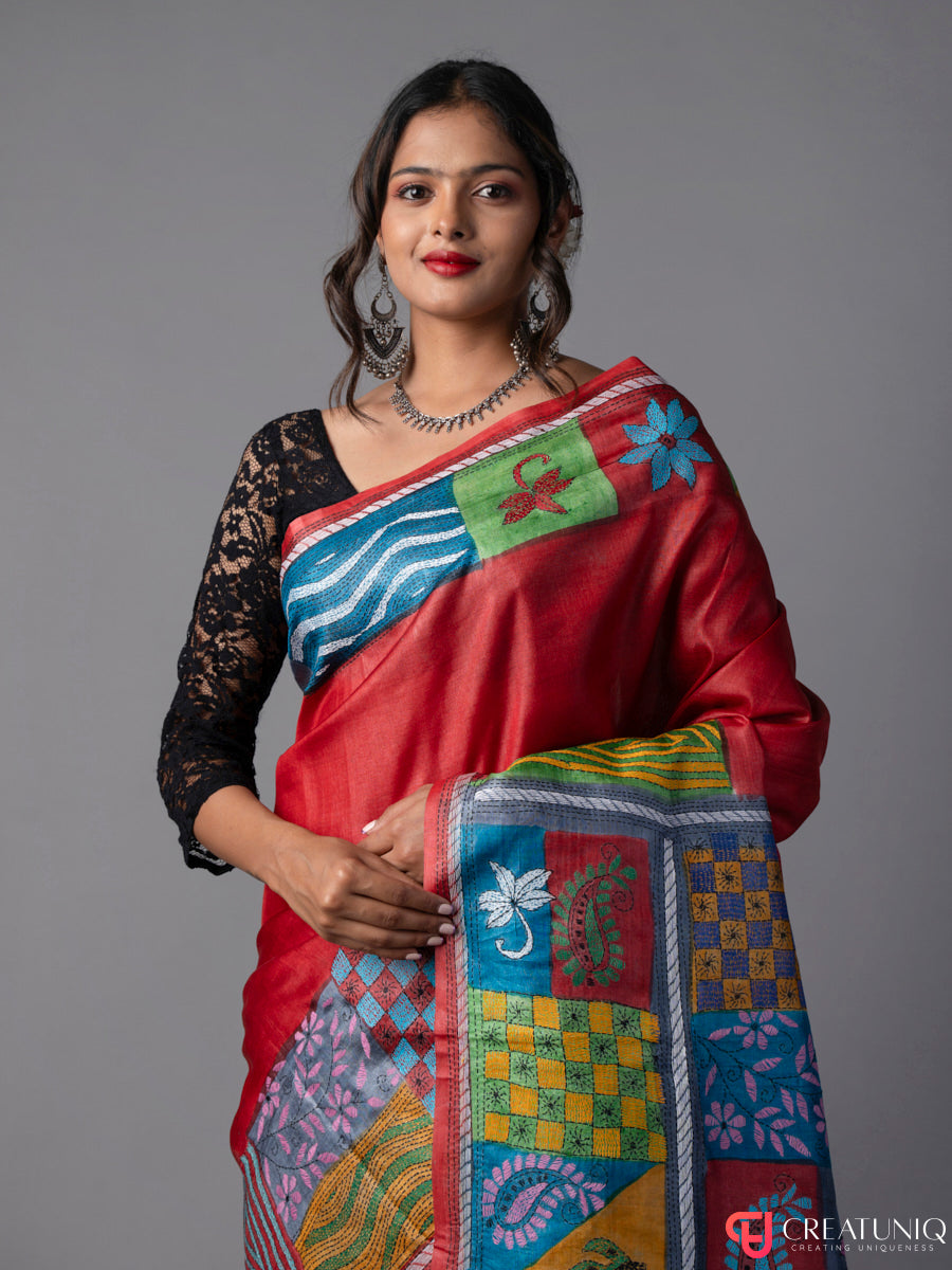 Red Kantha Pure Silk Saree with Block Motifs