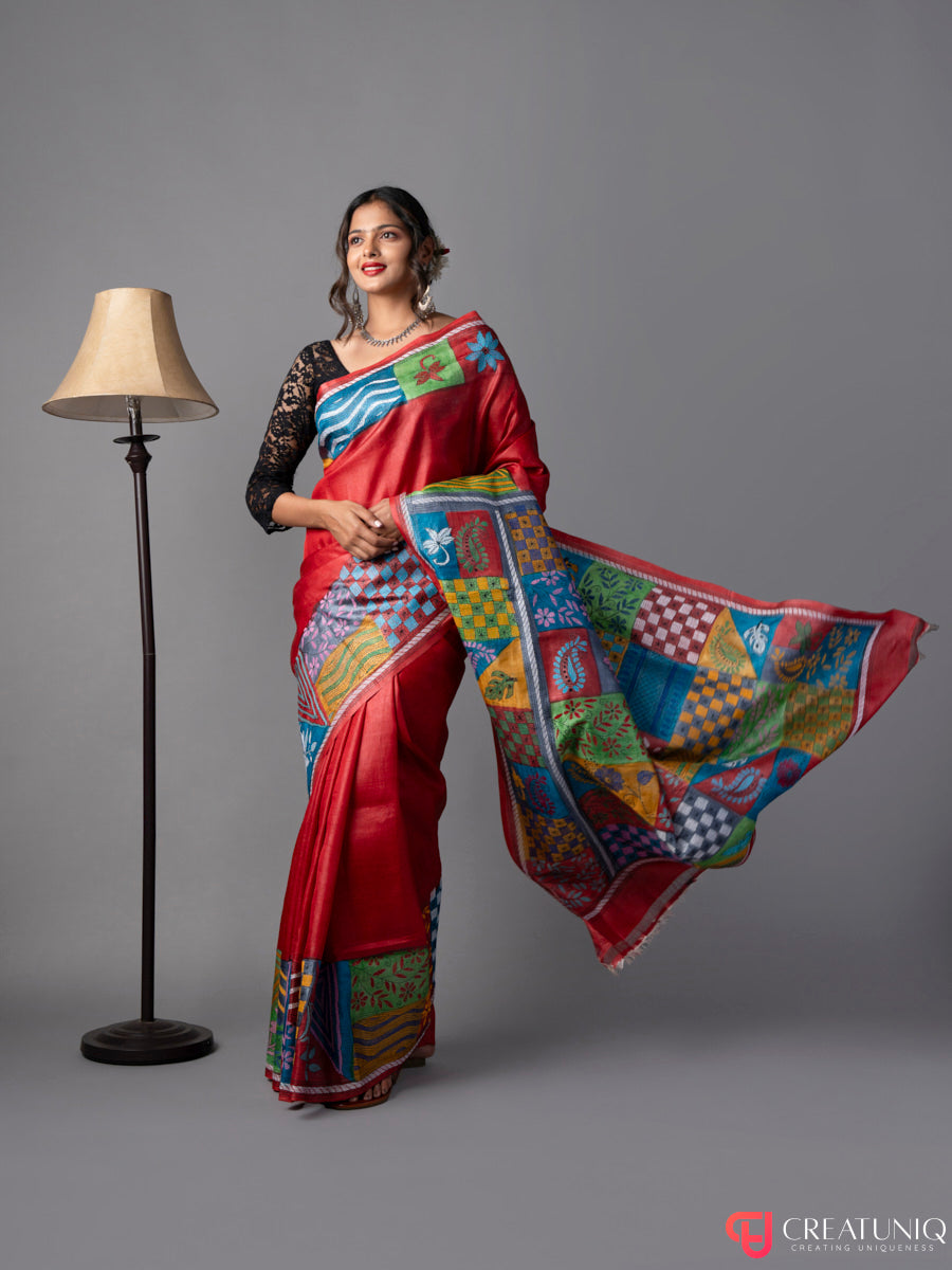 Red Kantha Pure Silk Saree with Block Motifs