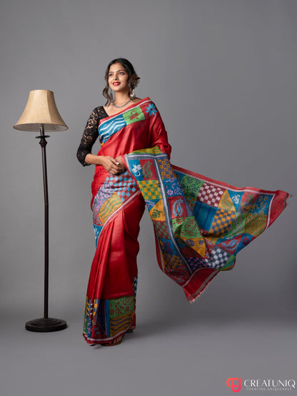 Red Kantha Pure Silk Saree with Block Motifs