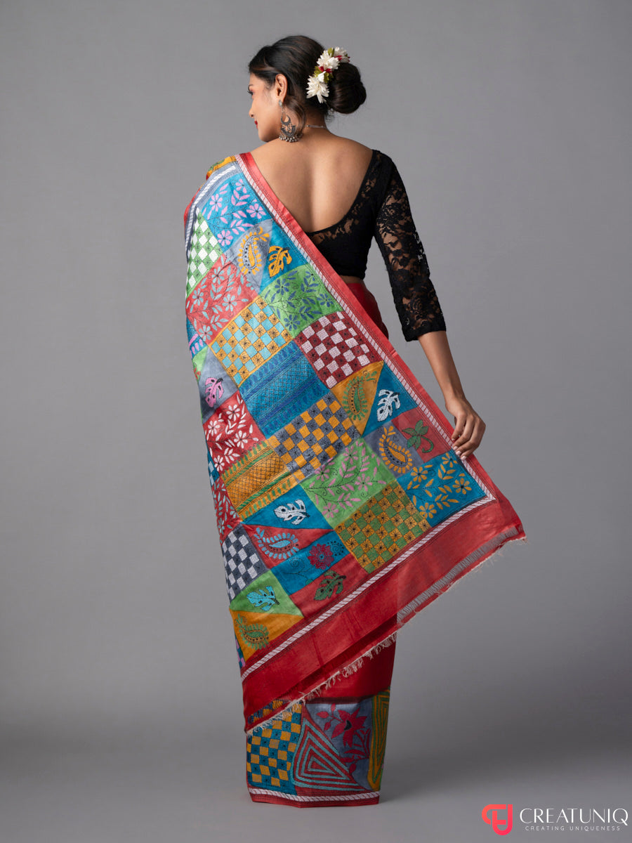 Red Kantha Pure Silk Saree with Block Motifs