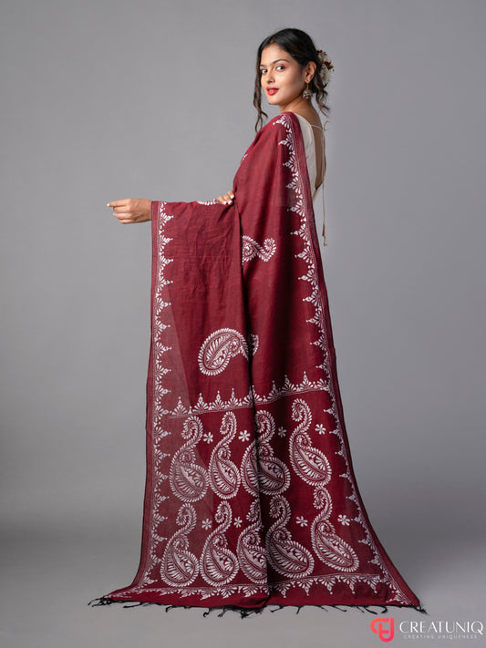 Red Khadi Saree with White Motifs Kantha Work