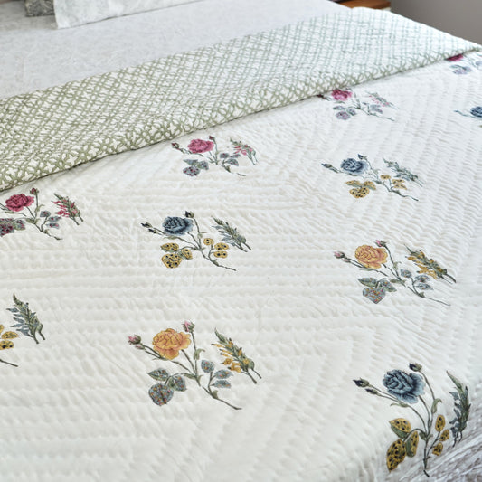 Rose Meadow Grace Reversible Hand Block Printed Cotton Quilt