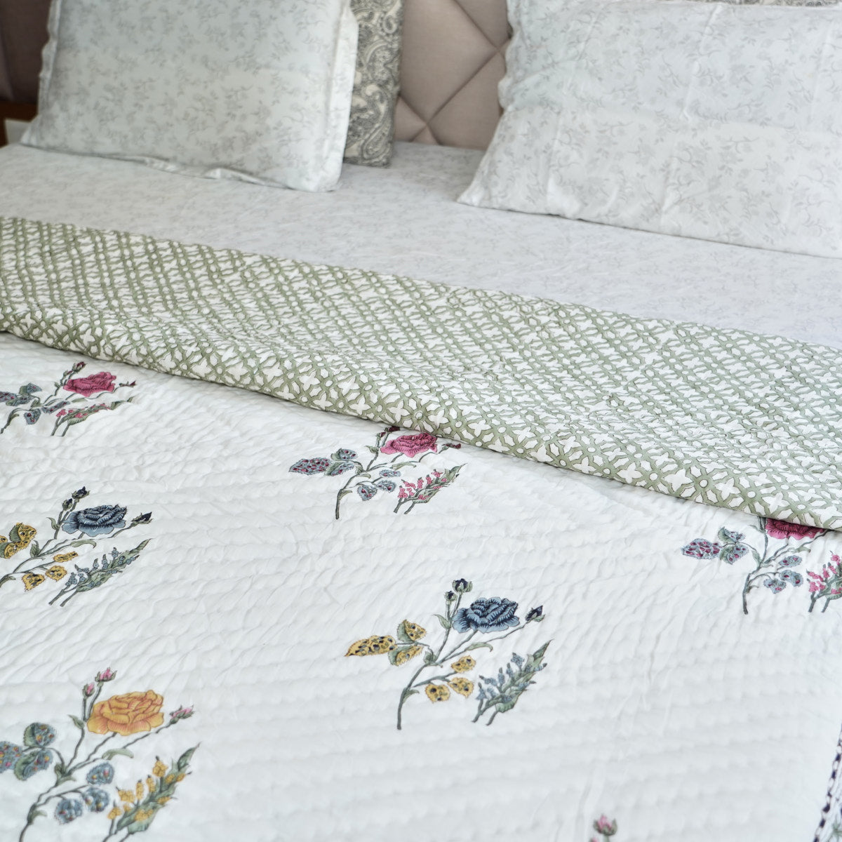 Rose Meadow Grace Reversible Hand Block Printed Cotton Quilt