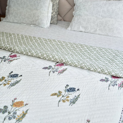 Rose Meadow Grace Reversible Hand Block Printed Cotton Quilt