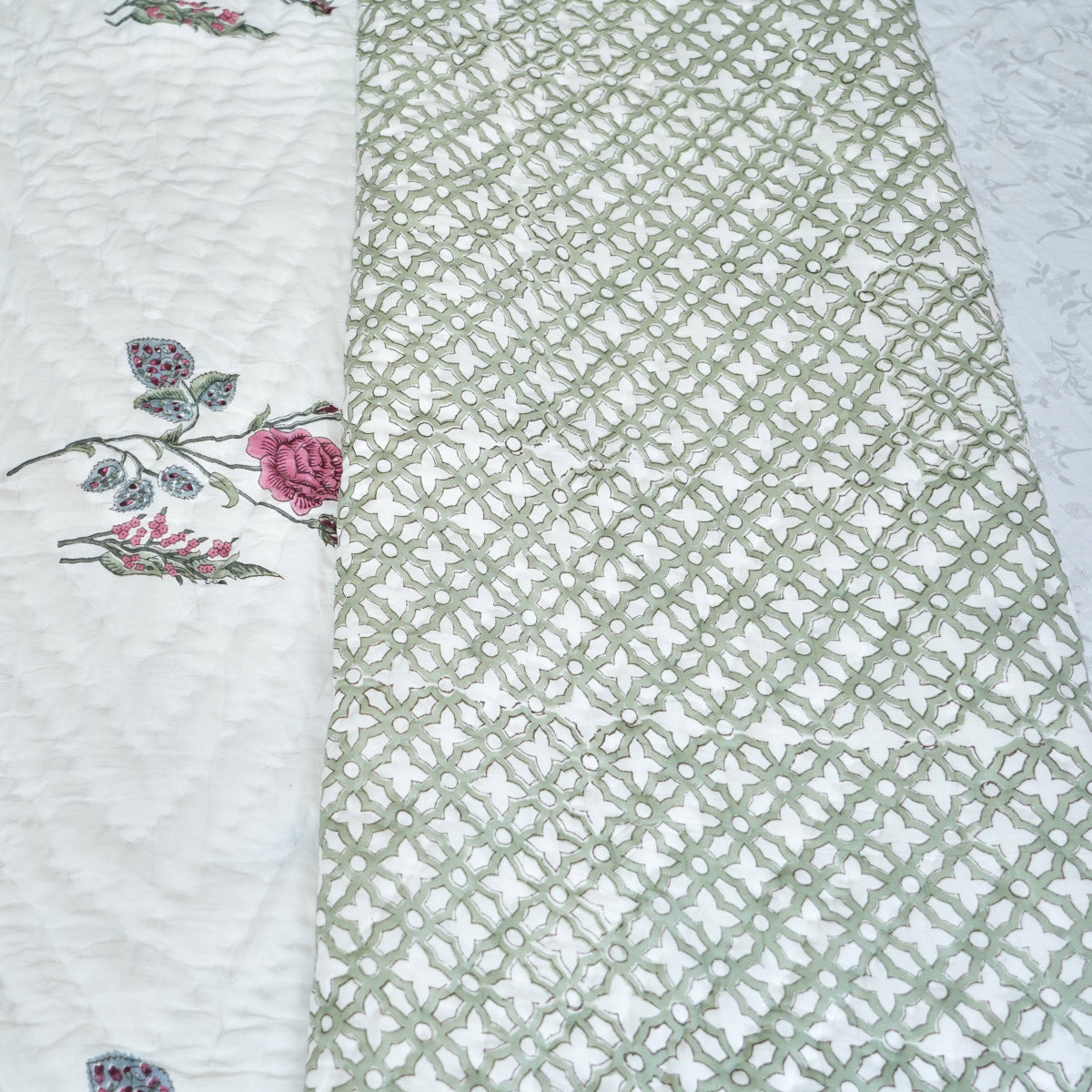 Rose Meadow Grace Reversible Hand Block Printed Cotton Quilt