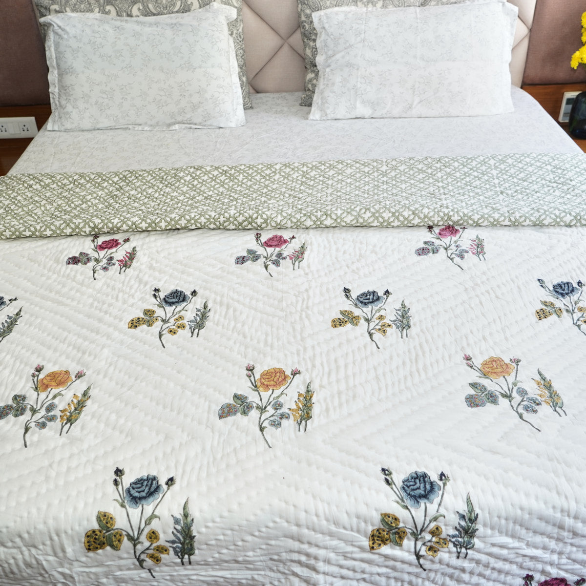 Rose Meadow Grace Reversible Hand Block Printed Cotton Quilt