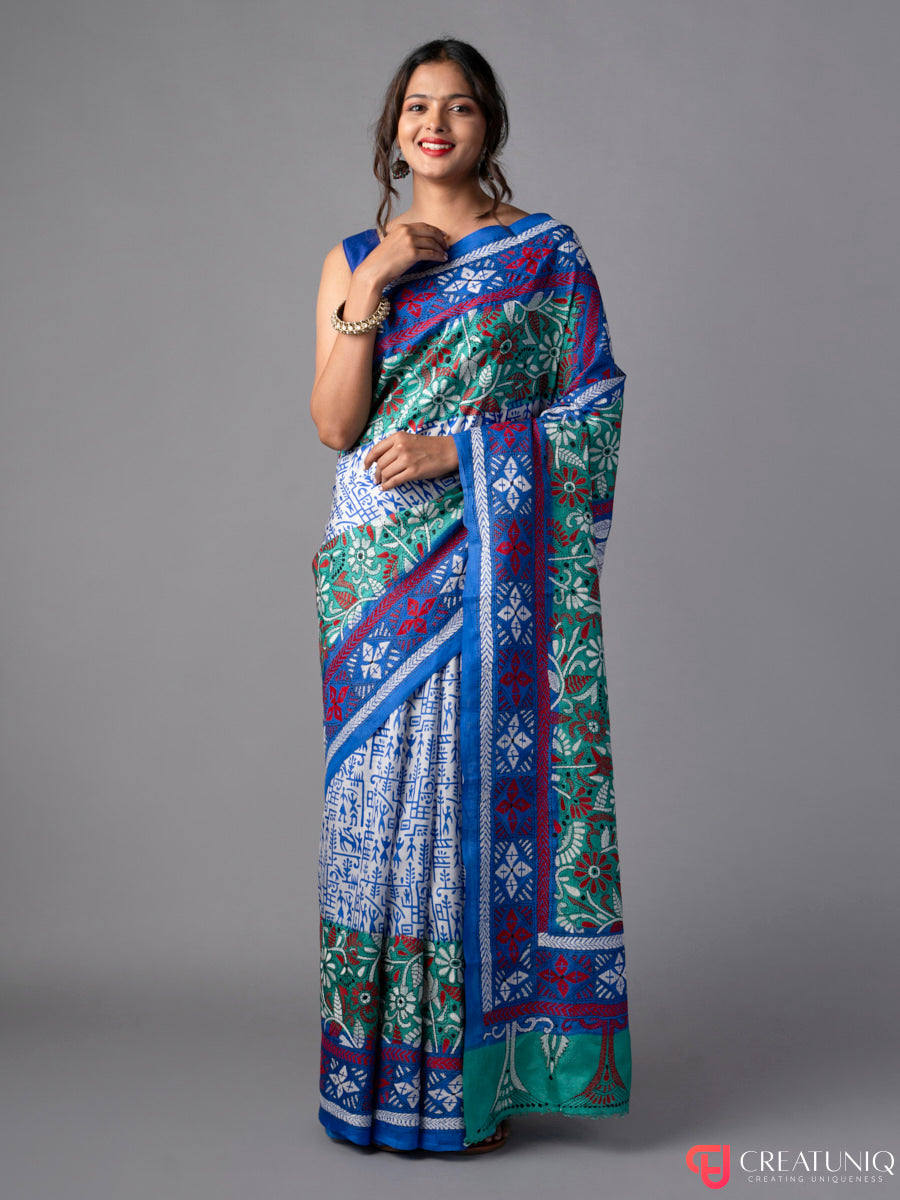 Shades of Blue Kantha Batik Pure Silk Saree