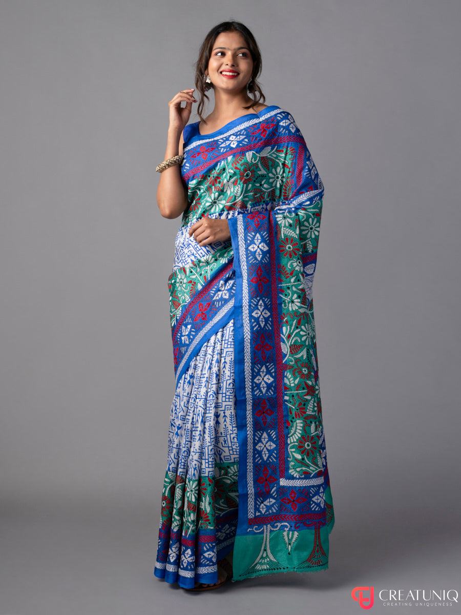 Shades of Blue Kantha Batik Pure Silk Saree