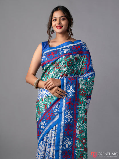 Shades of Blue Kantha Batik Pure Silk Saree