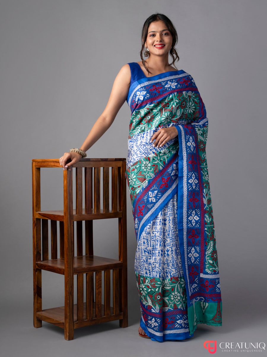 Shades of Blue Kantha Batik Pure Silk Saree