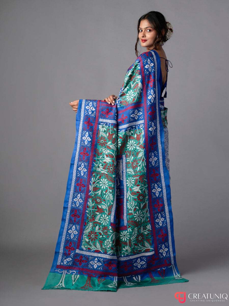Shades of Blue Kantha Batik Pure Silk Saree