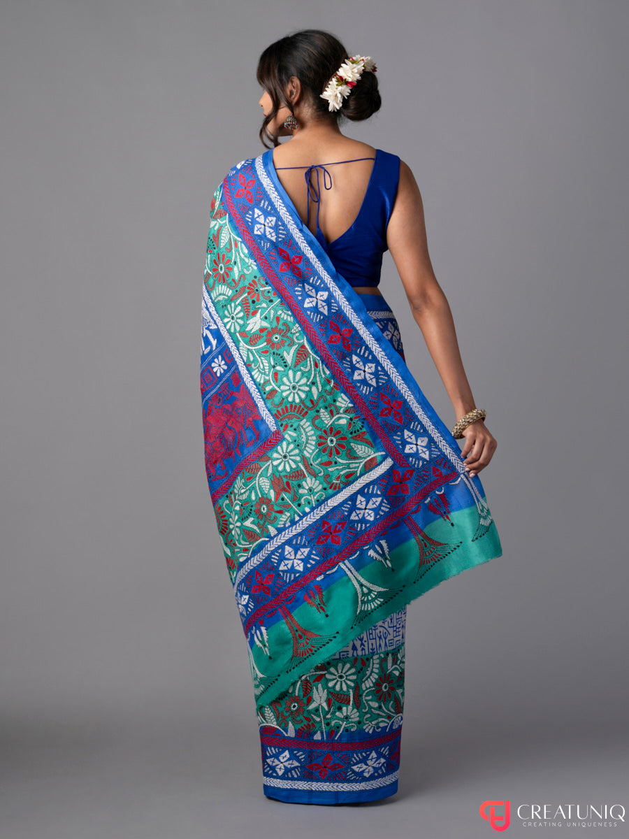 Shades of Blue Kantha Batik Pure Silk Saree