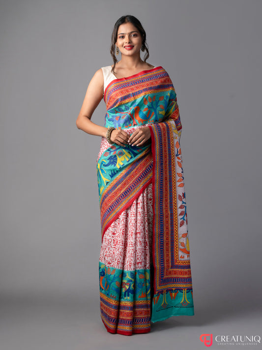 Sky Blue-Orange Kantha Batik Saree in Pure Silk