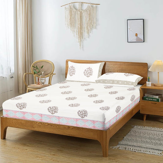 Sky Blue Blossom Hand Block Printed Cotton Bedsheet