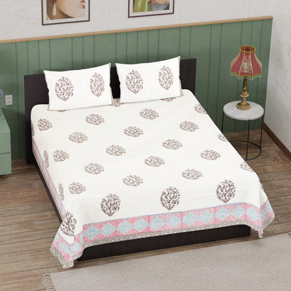 Sky Blue Blossom Hand Block Printed Cotton Bedsheet