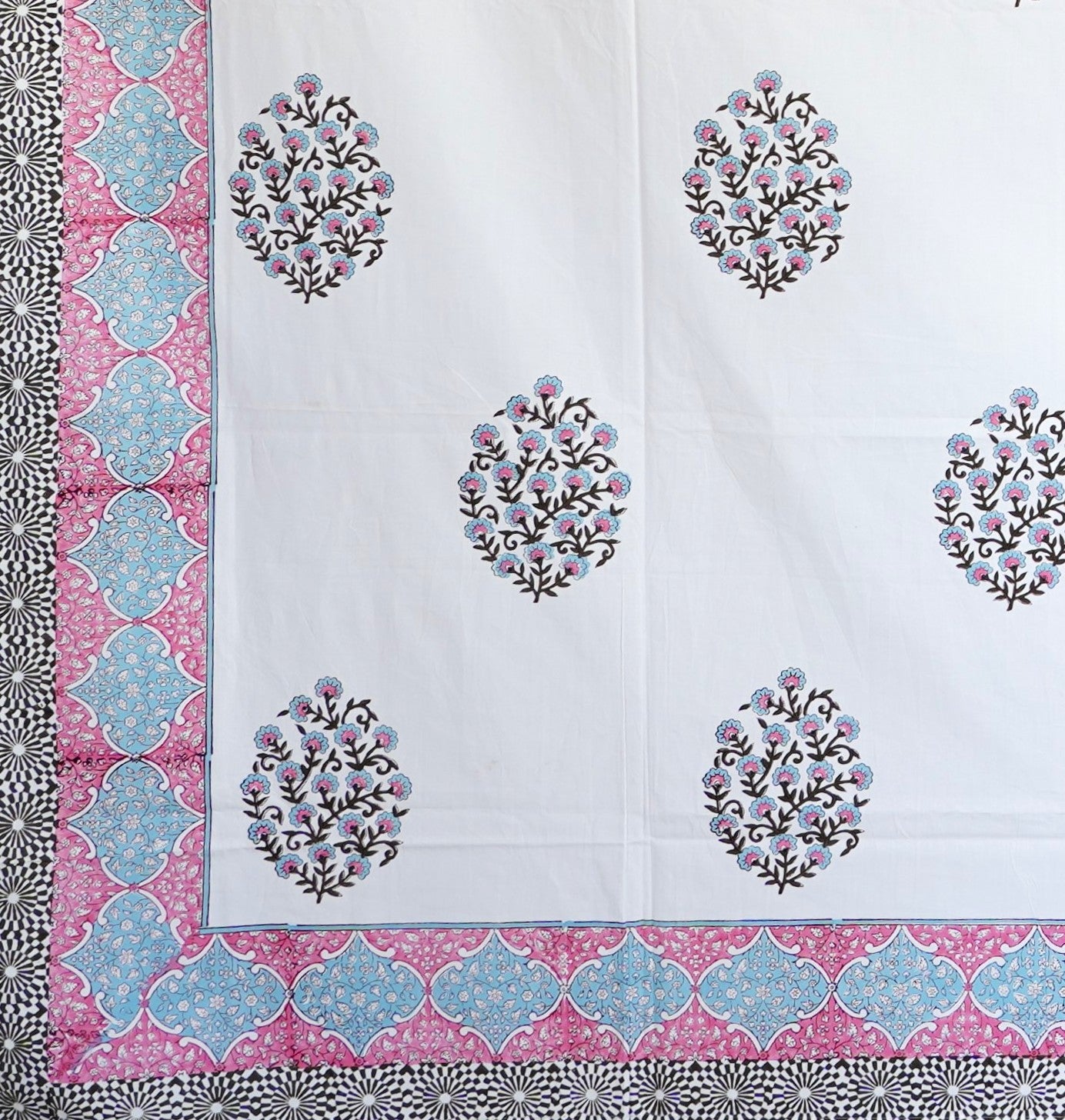 Sky Blue Blossom Hand Block Printed Cotton Bedsheet