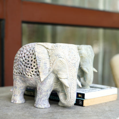 Stone Elephant Sculpture with Intricate Jali Carving
