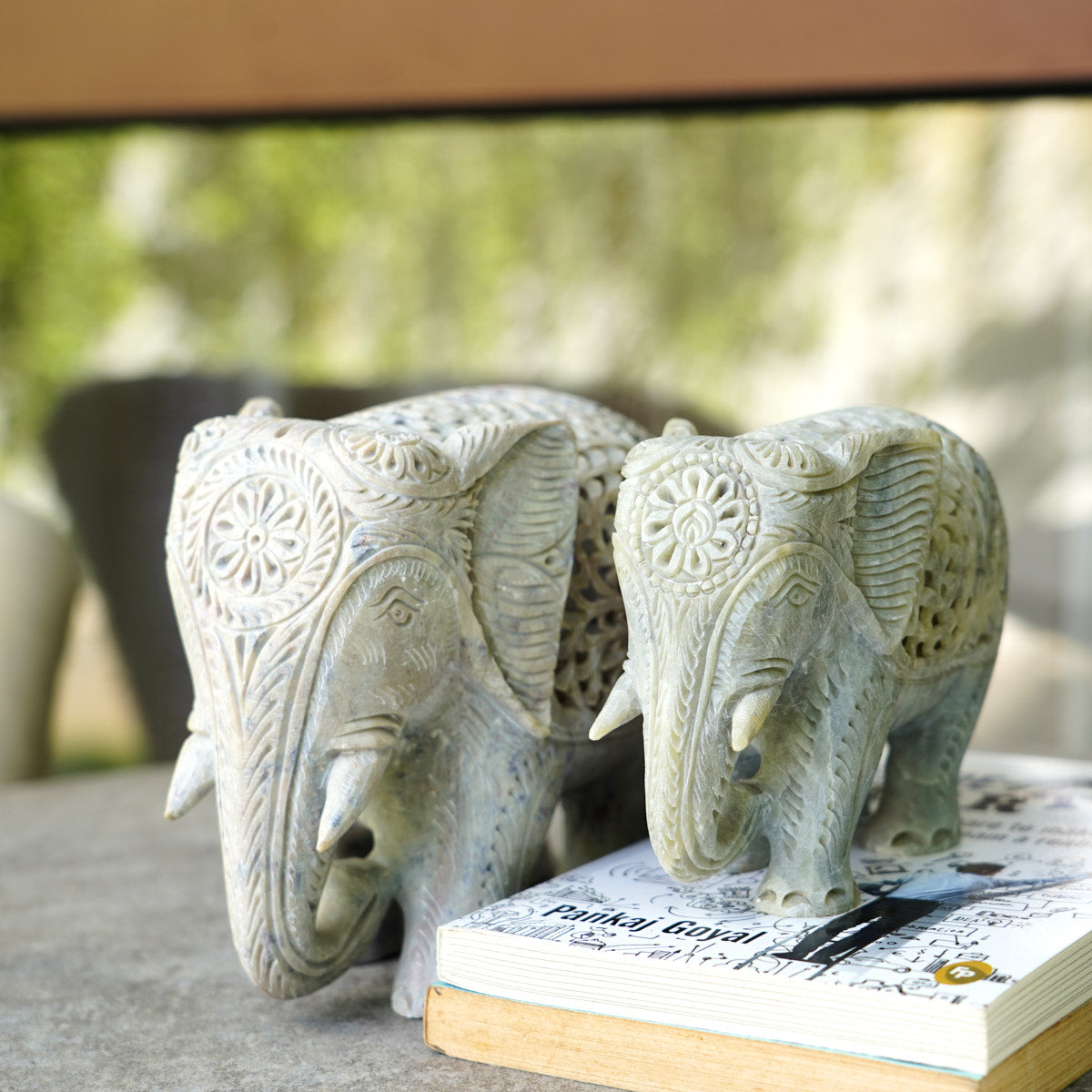 Stone Elephant Sculpture with Intricate Jali Carving