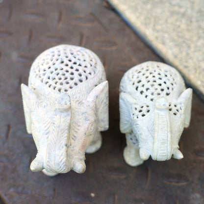 Stone Elephant Trunk Up Sculpture with Intricate Jali Carving