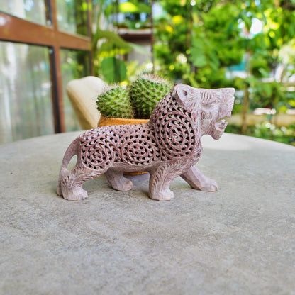 Stone Lion Sculpture with Intricate Jali Carving