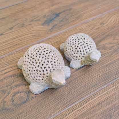 Stone Turtle Sculpture with Intricate Jali Carving