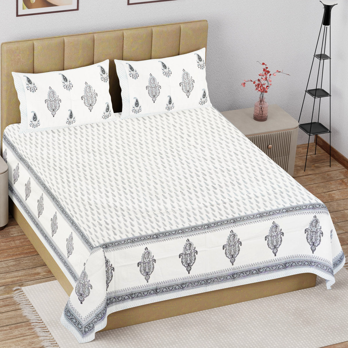 Suttle Blue Floral Hand Block Printed Cotton Bedsheet