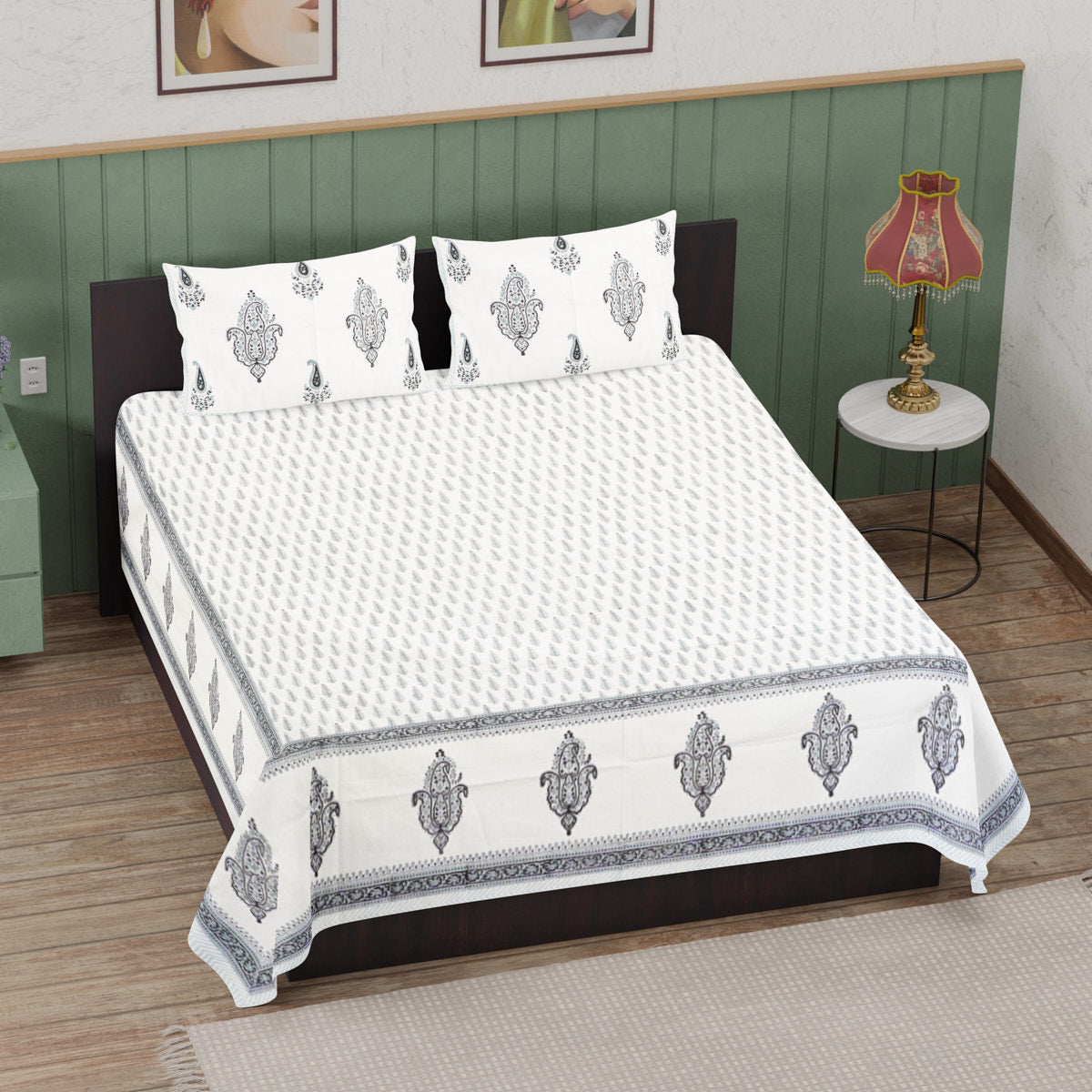 Suttle Blue Floral Hand Block Printed Cotton Bedsheet
