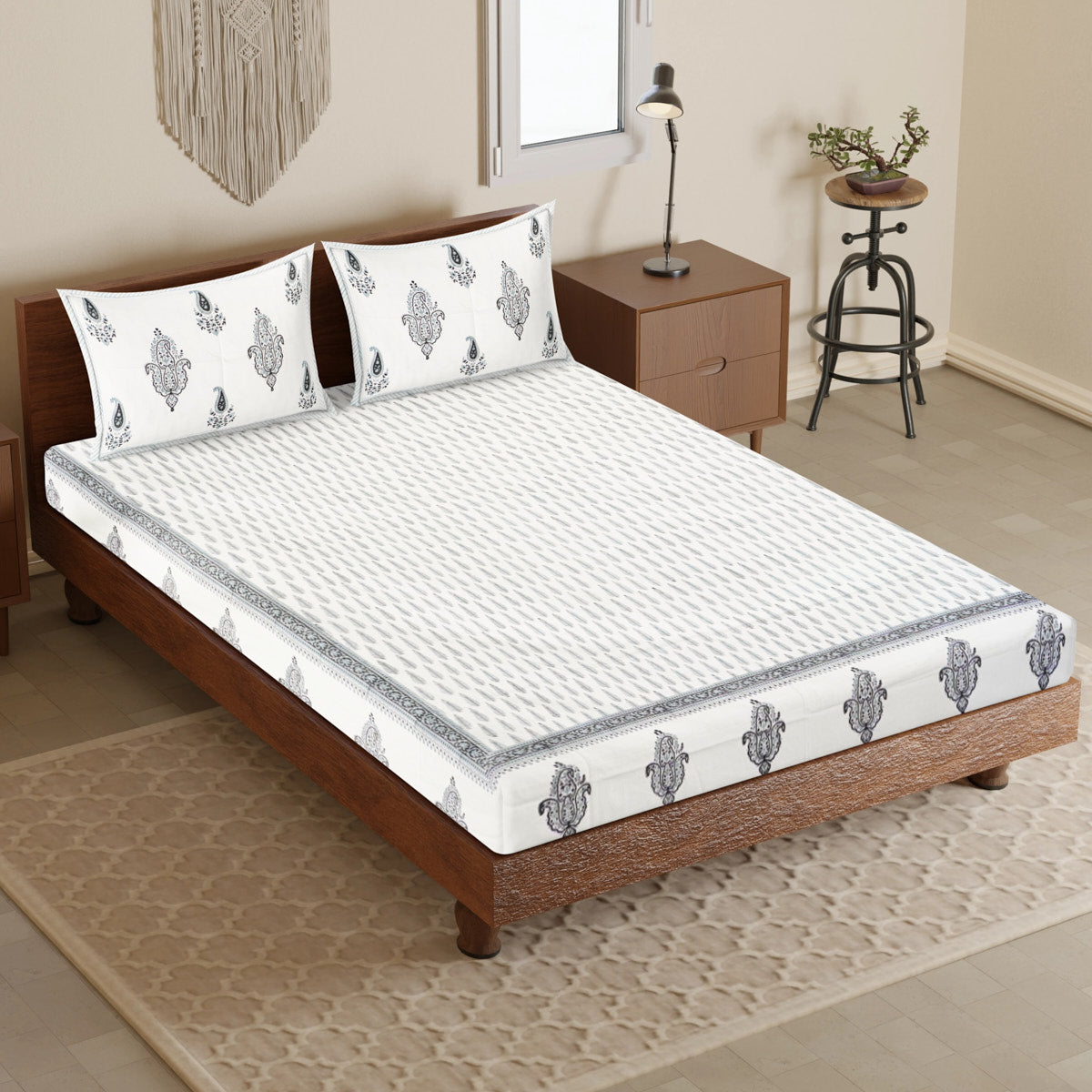 Suttle Blue Floral Hand Block Printed Cotton Bedsheet