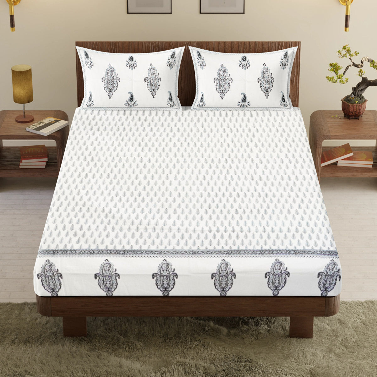 Suttle Blue Floral Hand Block Printed Cotton Bedsheet