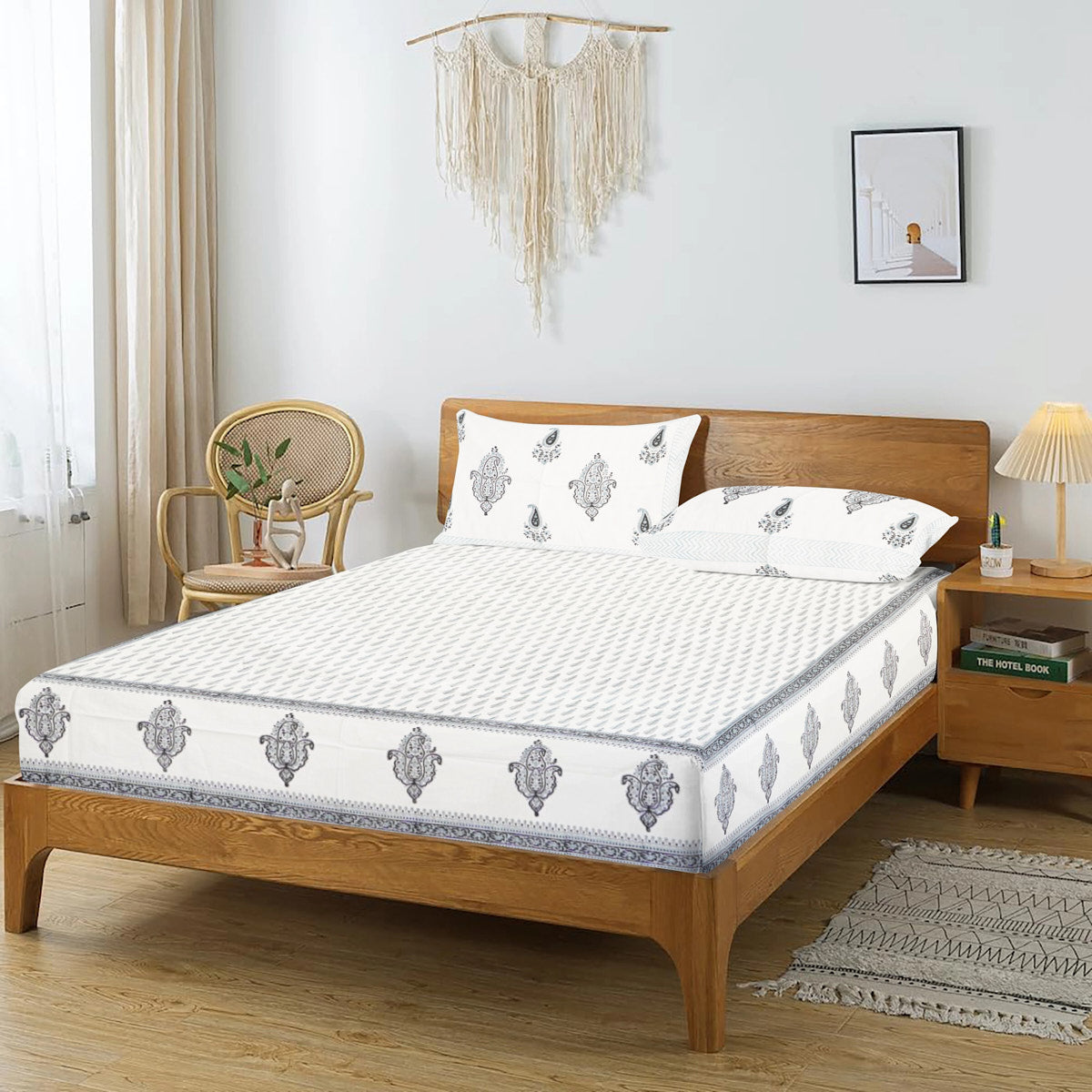 Suttle Blue Floral Hand Block Printed Cotton Bedsheet