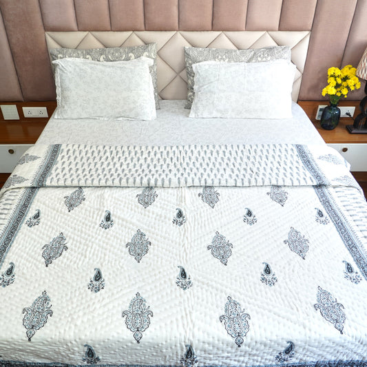 Suttle Blue Floral Reversible Hand Block Printed Cotton Quilt
