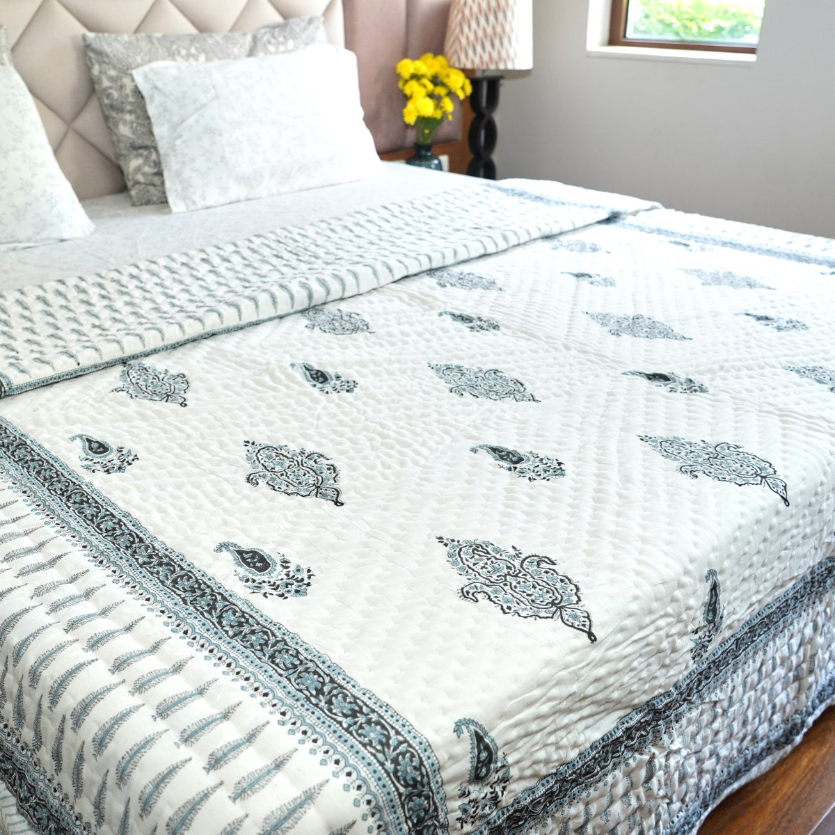 Suttle Blue Floral Reversible Hand Block Printed Cotton Quilt