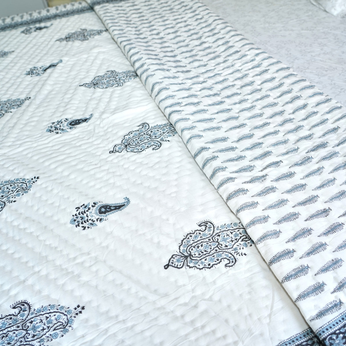 Suttle Blue Floral Reversible Hand Block Printed Cotton Quilt