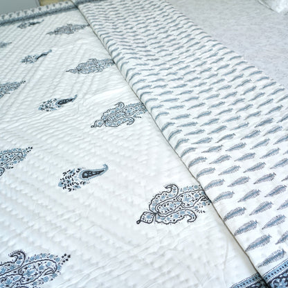 Suttle Blue Floral Reversible Hand Block Printed Cotton Quilt