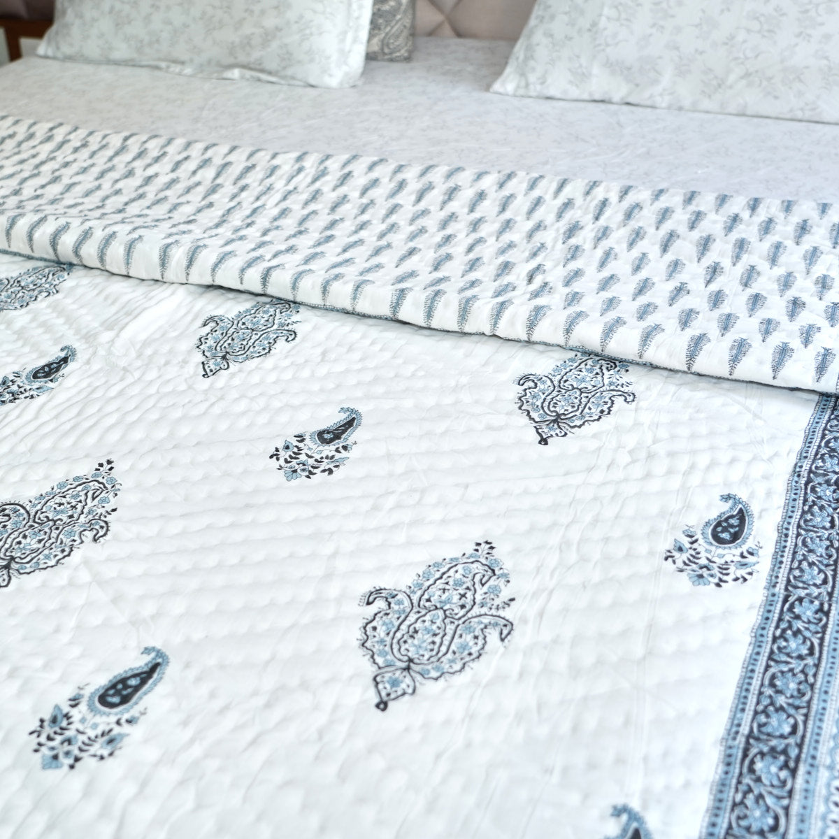 Suttle Blue Floral Reversible Hand Block Printed Cotton Quilt