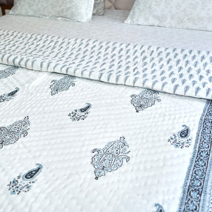 Suttle Blue Floral Reversible Hand Block Printed Cotton Quilt