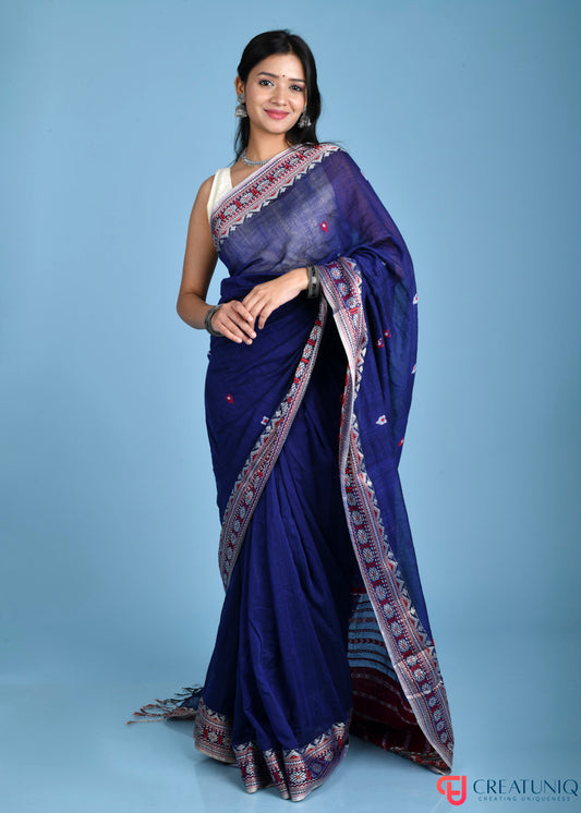 Traditional Assam Kadi Saree with Red Design Accents - Blue