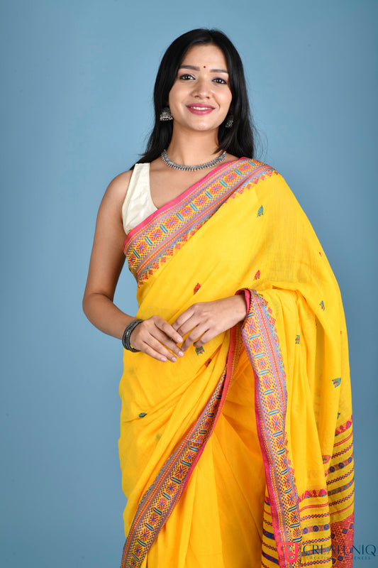 Traditional Assam Kadi Saree with Red Design Accents - Yellow