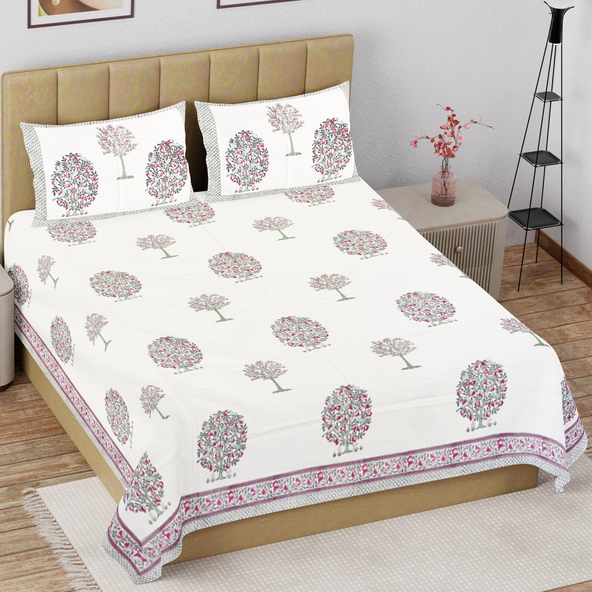 Vibrant Floral Tree Hand Block Printed Cotton Bedsheet