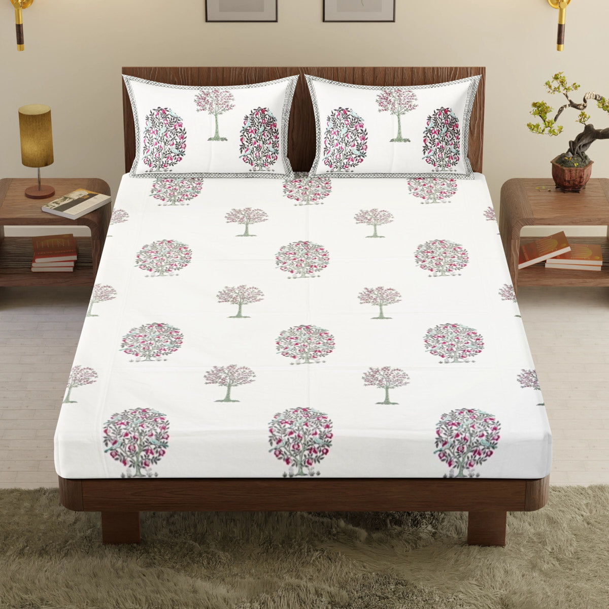 Vibrant Floral Tree Hand Block Printed Cotton Bedsheet