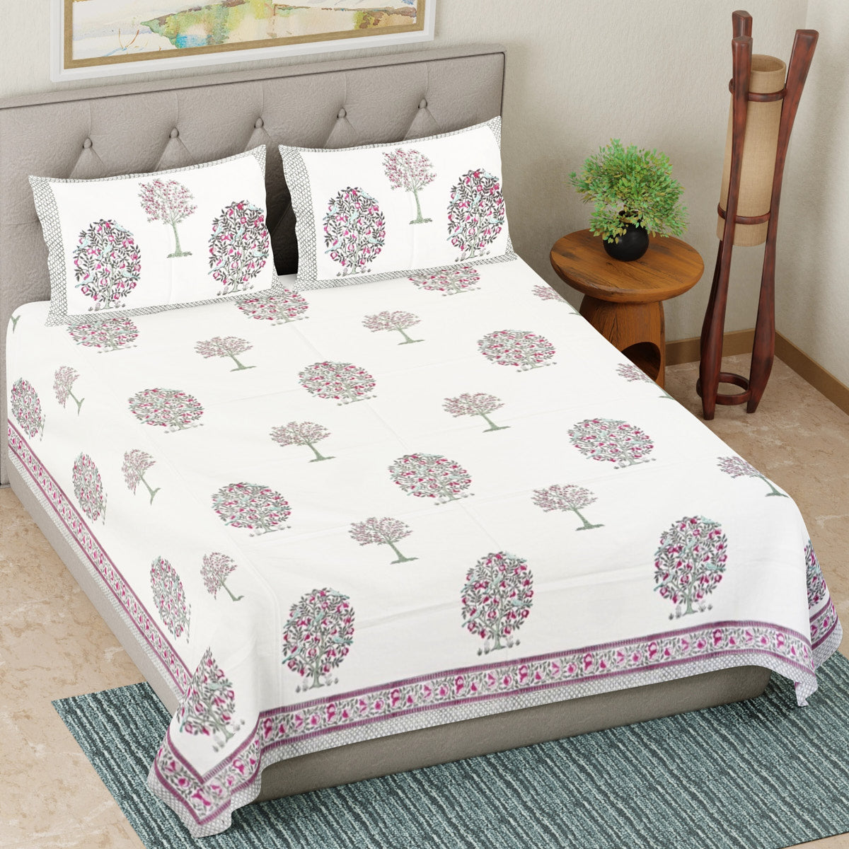 Vibrant Floral Tree Hand Block Printed Cotton Bedsheet