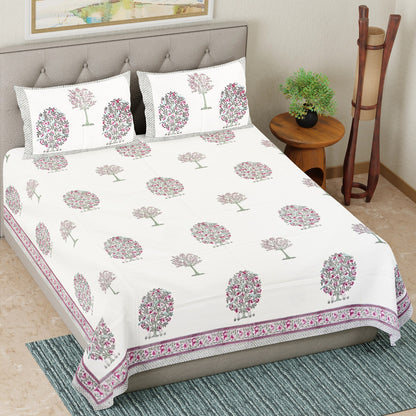 Vibrant Floral Tree Hand Block Printed Cotton Bedsheet