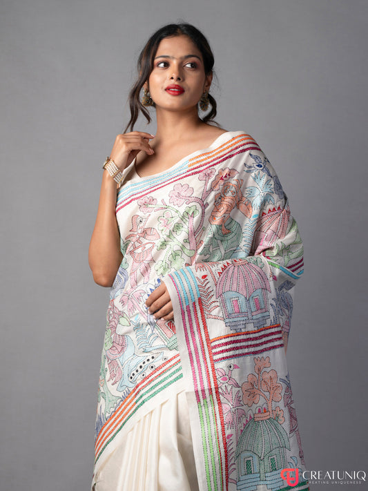 Village Theme Off White Kantha Embroidered Pure Silk Saree