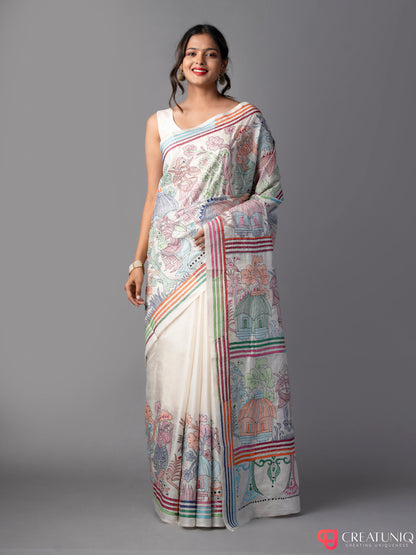 Village Theme Off White Kantha Embroidered Pure Silk Saree