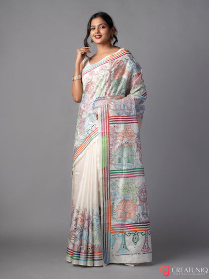 Village Theme Off White Kantha Embroidered Pure Silk Saree