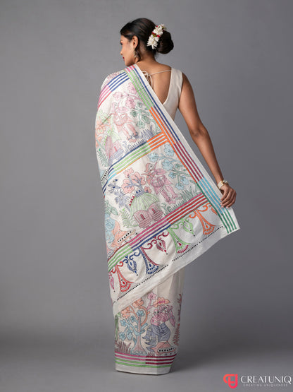 Village Theme Off White Kantha Embroidered Pure Silk Saree